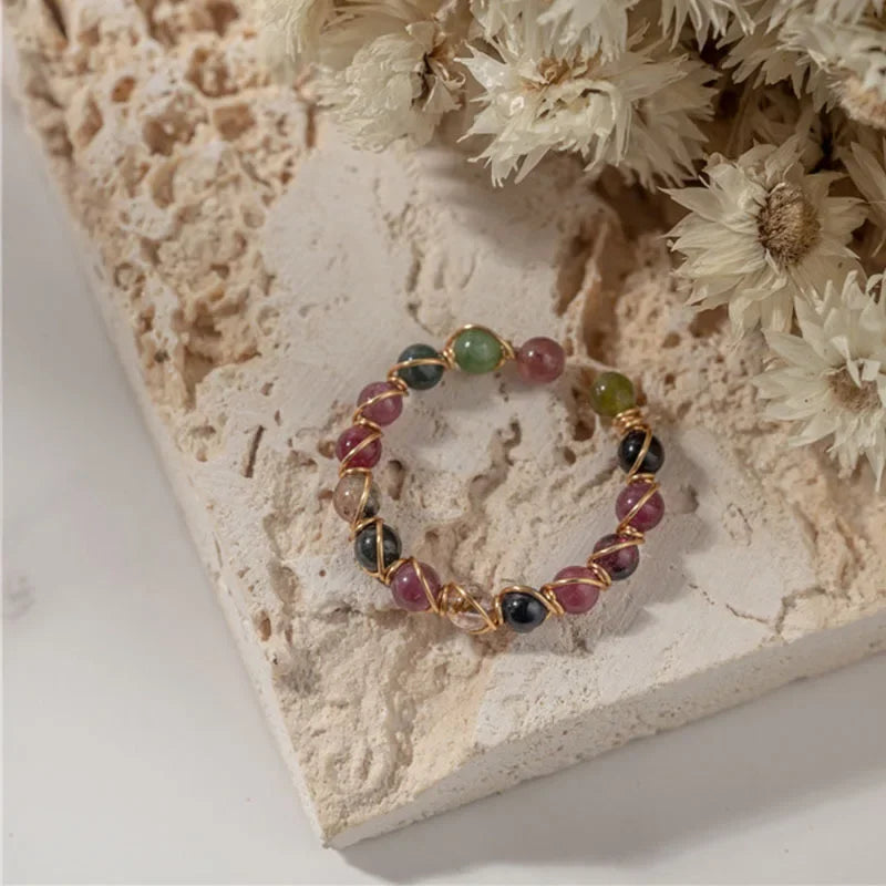 Natural Stone Rainbow Tourmaline Ring Fashion Retro Handmade Metal Wire Winding Beaded Open Adjustable Ring Female Jewelry