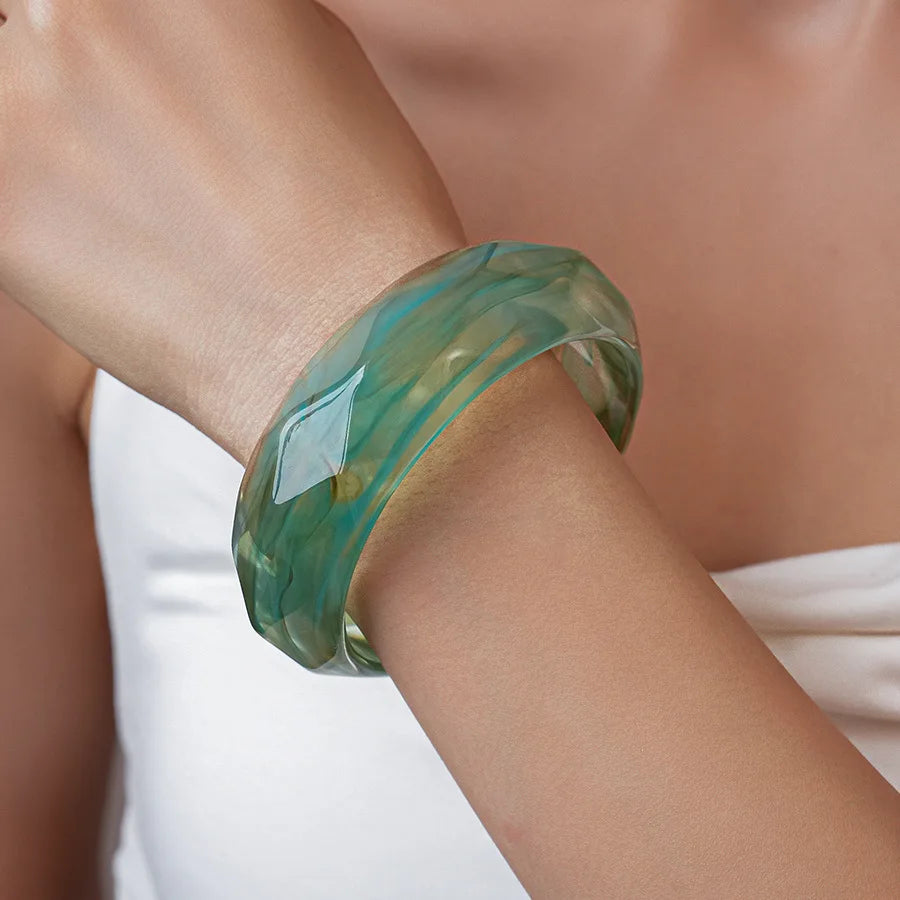 Green Irregular Square Round Wide Bracelets Vintage Resin Acrylic Smudging Bangles Bracelets for Women Girl Jewelry Gifts