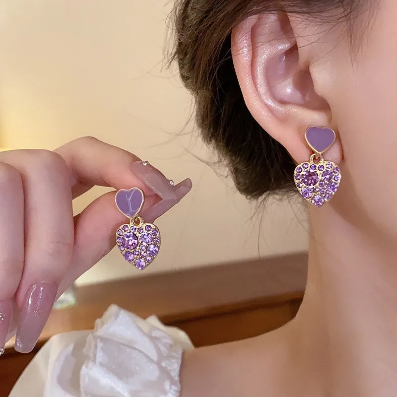 Silver Needle Fashion Purple Crystal Heart Drop Earrings For Women Jewelry 2025 Trending New Luxury Women's Earrings