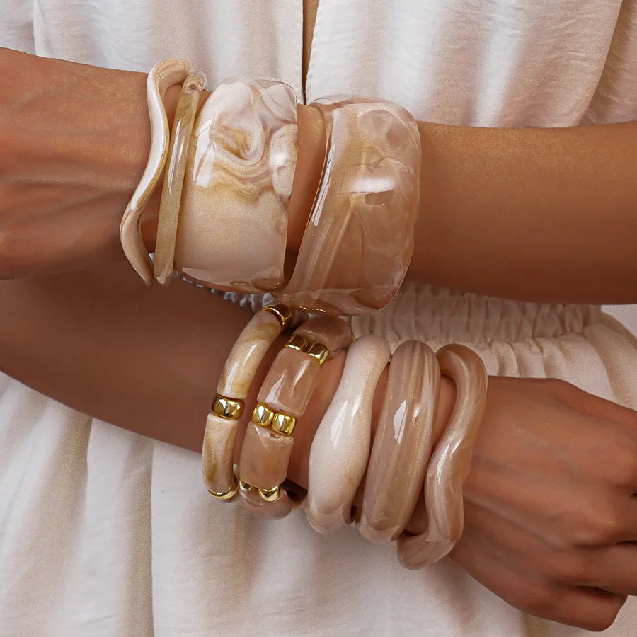 Pink Resin Acrylic Smudging Bangle for Women 2025 New Fashion Round Wide Stacked Bracelets Hand Jewelry Gifts Wholesale