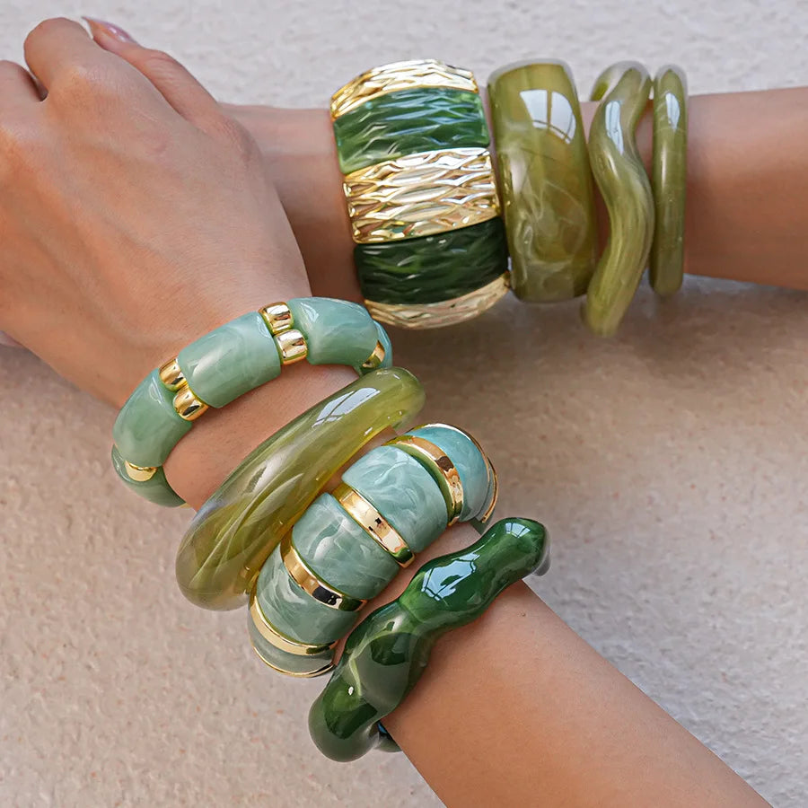 Fashionable Green Resin Acrylic Smudging Bangle for Women Exaggerated Irregular Geometric Wide Chunky Bracelets Bangles Jewelry