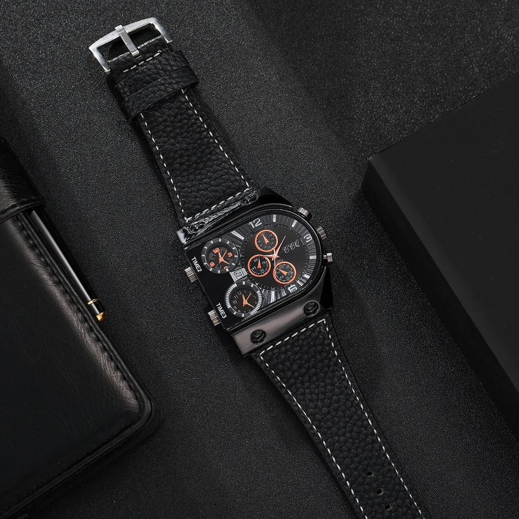 Fashion Big Dial Men's Quartz Watch Casual Leather Band Male Sports Watches