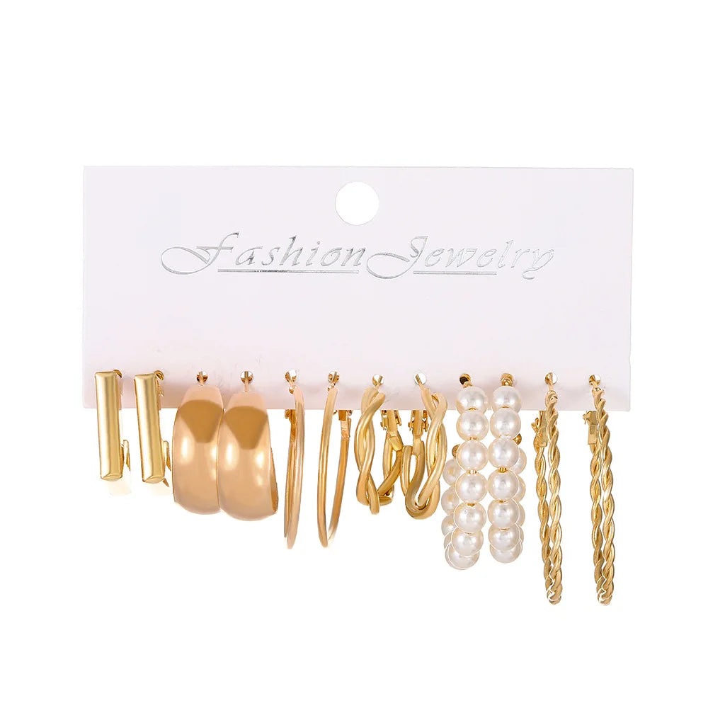 Boho Big Circle Hoop Earring Set for Women Gold Color Bohemia Vintage Pearl Square Earring Heart Zircon Ear Studs Jewelry