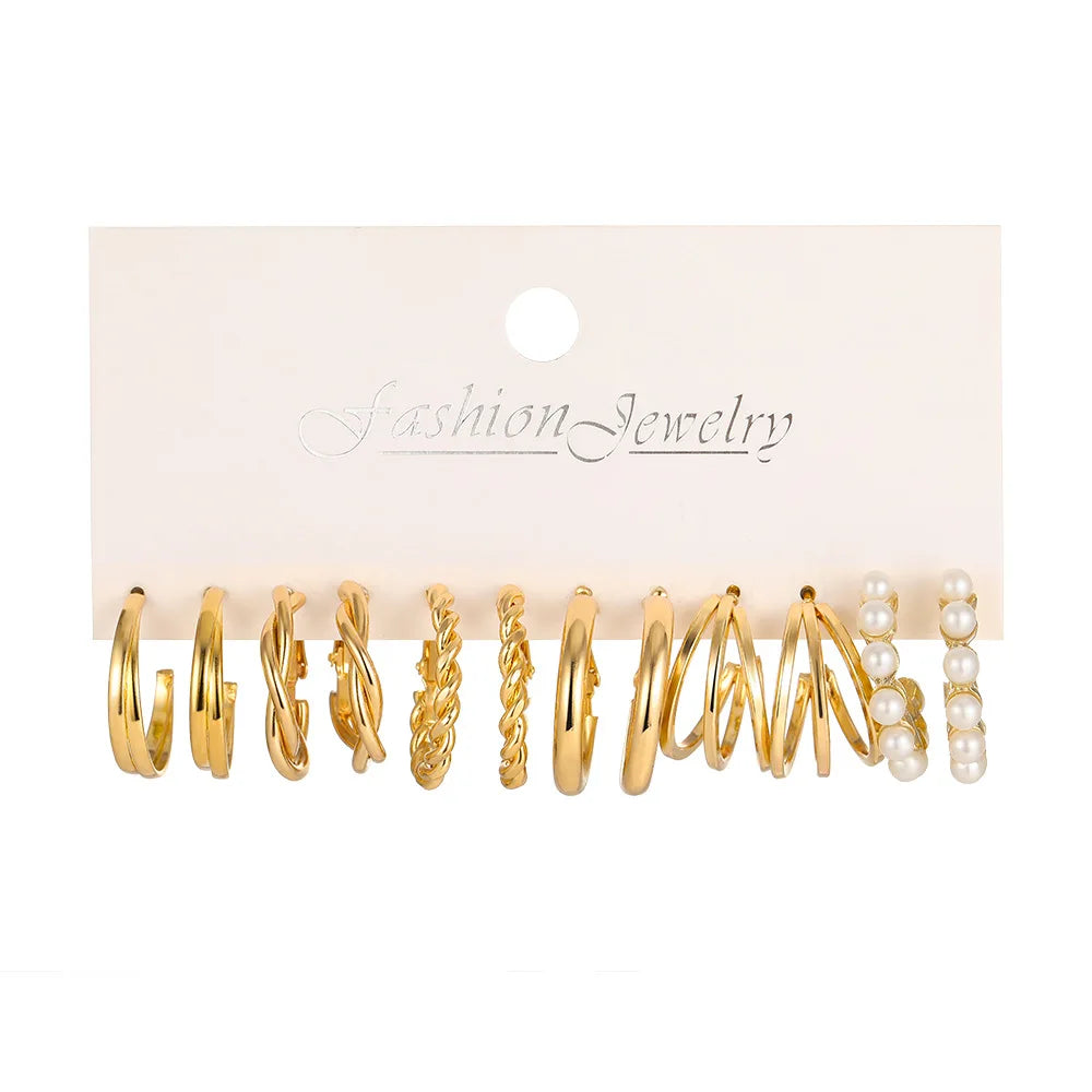 Boho Big Circle Hoop Earring Set for Women Gold Color Bohemia Vintage Pearl Square Earring Heart Zircon Ear Studs Jewelry