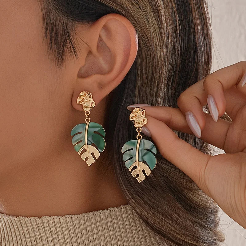 Multi-color Acrylic Leaf Earrings for Women Gold Plated Zircon Dangle Earrings Stainless Steel Jewelry Birthday Gifts