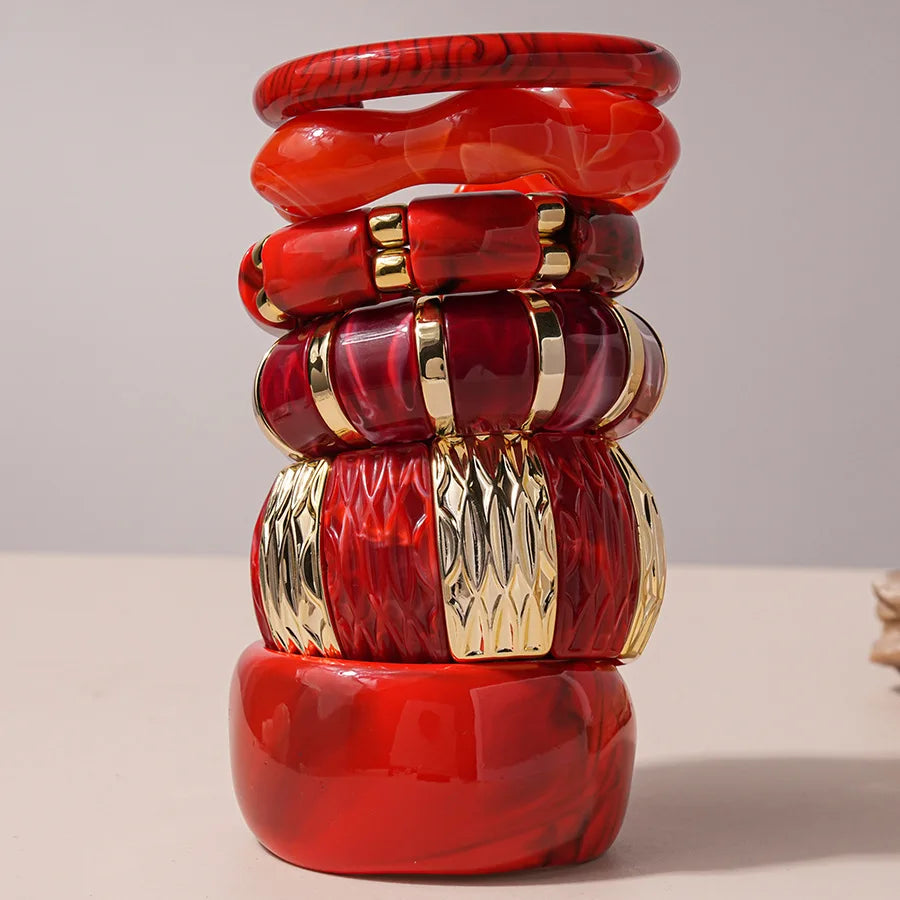 Red Resin Acrylic Elastic Bracelets Personality Geometric Fashion Irregular Wide Stacking Bracelets Hand Jewelry for Women