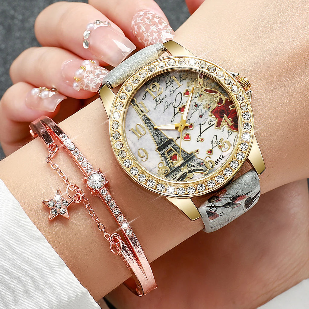 Fashion Women PU Leather Band Eiffel Tower Dial Quartz Watch with Bracelet (Box not Included）