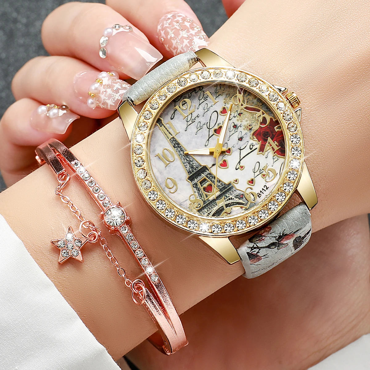 Fashion Women PU Leather Band Eiffel Tower Dial Quartz Watch with Bracelet (Box not Included）