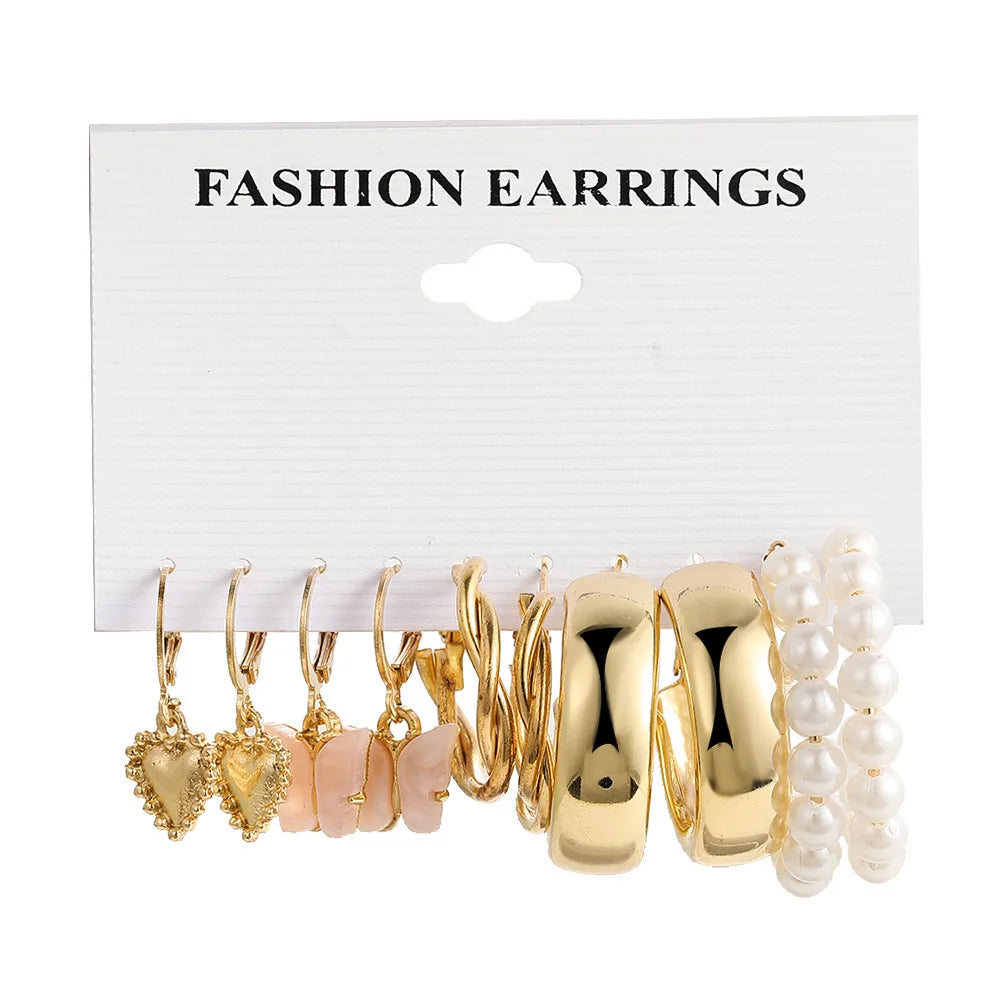 Boho Big Circle Hoop Earring Set for Women Gold Color Bohemia Vintage Pearl Square Earring Heart Zircon Ear Studs Jewelry