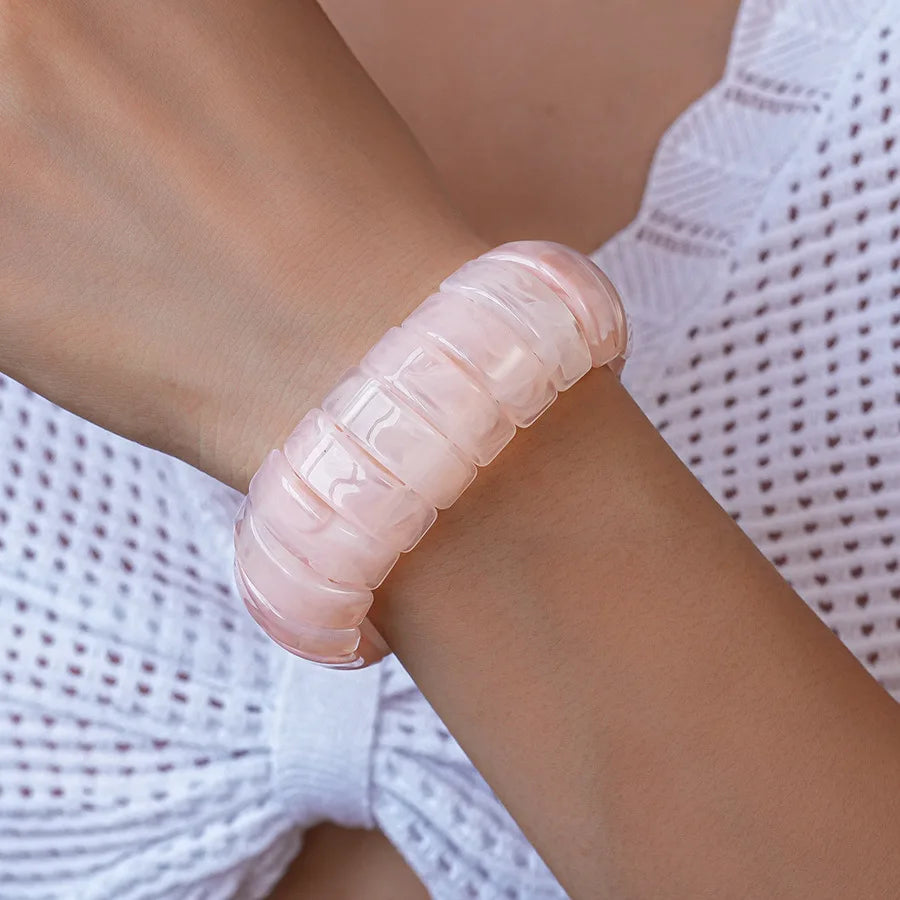 Pink Acrylic Resin Smudging Bangles for Women Girls Smooth Irregular Geometric Square Elastic Bracelets Wristband Jewelry