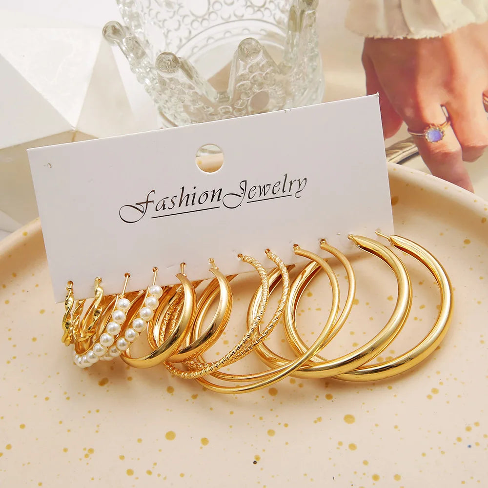 Boho Big Circle Hoop Earring Set for Women Gold Color Bohemia Vintage Pearl Square Earring Heart Zircon Ear Studs Jewelry