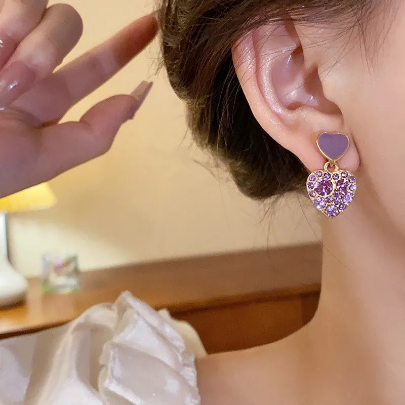 Silver Needle Fashion Purple Crystal Heart Drop Earrings For Women Jewelry 2025 Trending New Luxury Women's Earrings