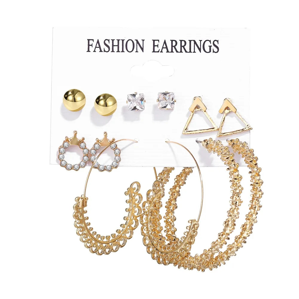 Boho Big Circle Hoop Earring Set for Women Gold Color Bohemia Vintage Pearl Square Earring Heart Zircon Ear Studs Jewelry