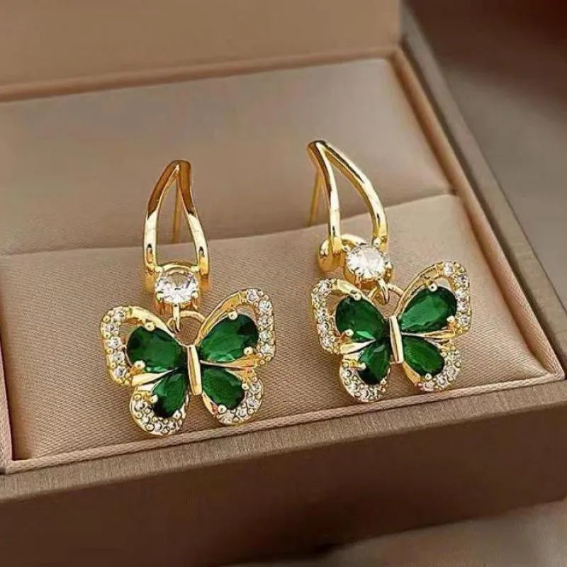 Silver Needle Vintage Green Crystal Butterfly Drop Earrings For Women Jewelry 2025 Trending Luxury Zircon Women's Earrings