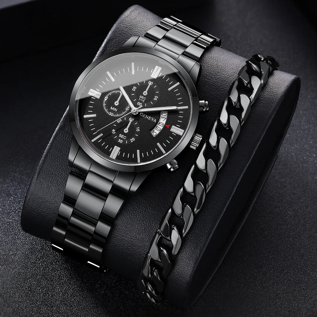 2PCS/Set Fashion Men Business Watches Male Calendar Quartz Watch Bracelet Set Relogio Masculino