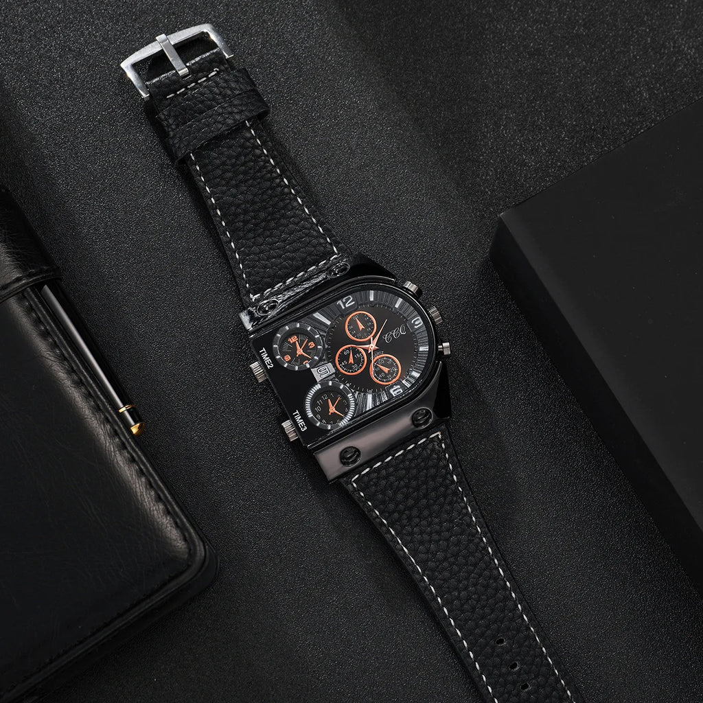 Fashion Big Dial Men's Quartz Watch Casual Leather Band Male Sports Watches