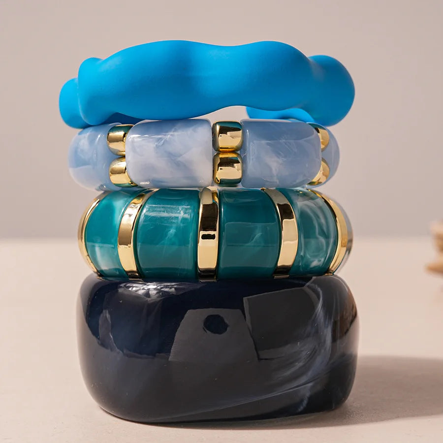 Blue Color Acrylic Resin Smudging Bangle Exaggerated Bamboo Beads Stretchy Bracelet Retro Hand Jewelry Couple Bangles Gifts