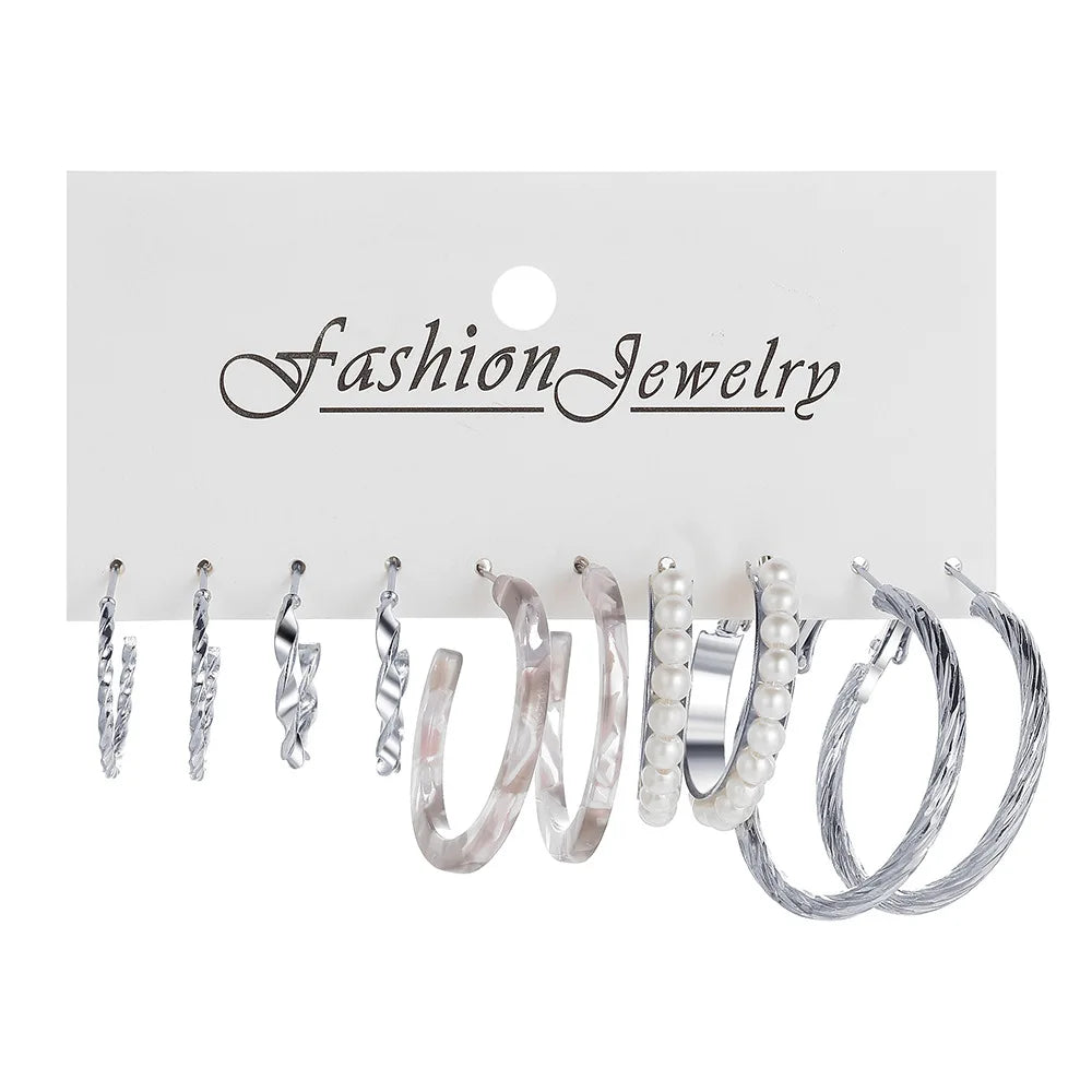 Boho Big Circle Hoop Earring Set for Women Gold Color Bohemia Vintage Pearl Square Earring Heart Zircon Ear Studs Jewelry
