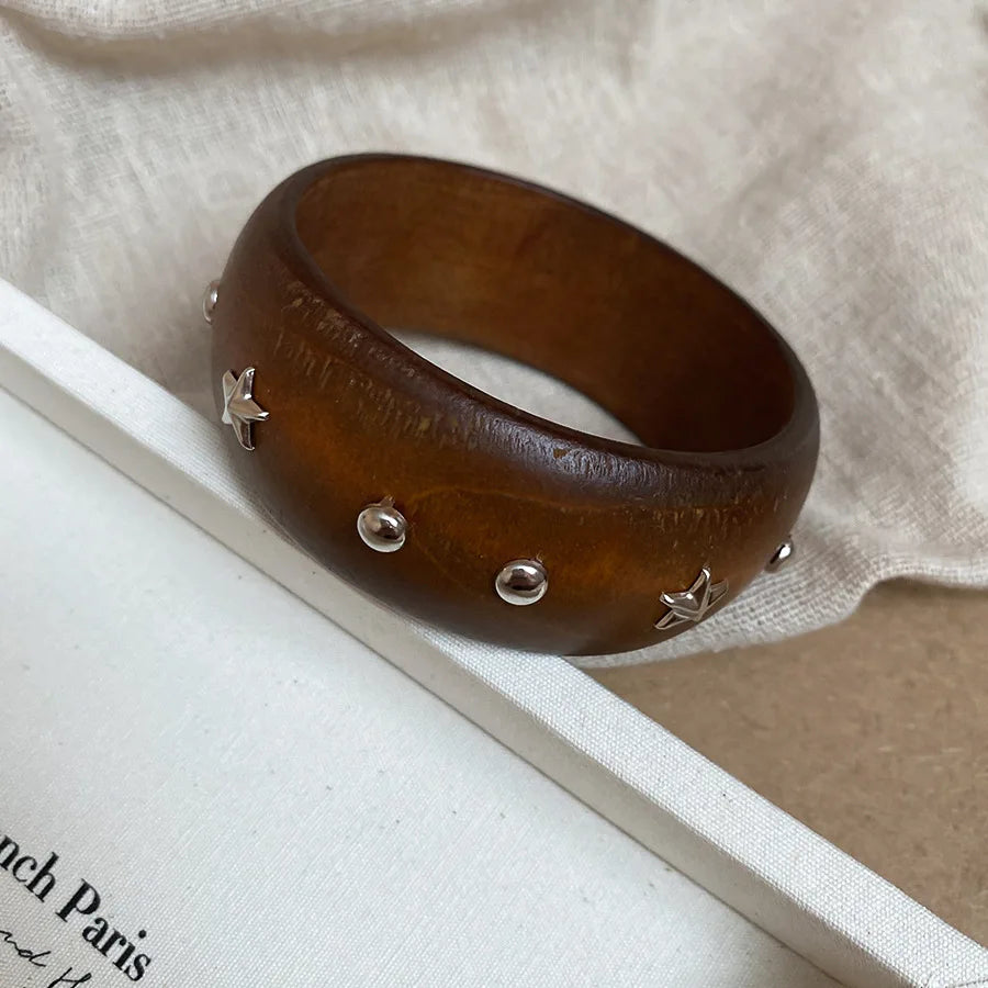 Natural Wooden 12 Styles Square Round Bracelet for Women Hip Hop Rivet Beads Wide Bangles Hand Jewelry Pulseras Mujer
