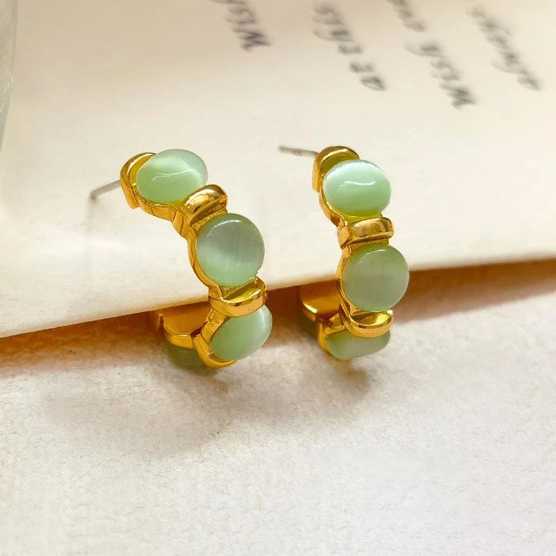 Vintage Gold Plated Green Opal C Shape Stud Earring for Woman Girls Trendy Party Jewelry Accessories