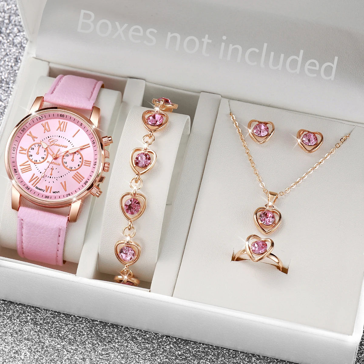 5/6PCS Fashion Women's Quartz Watch Leather Band Analog Wrist Watches Heart Rhinestone Jewelry Set (Without Box)