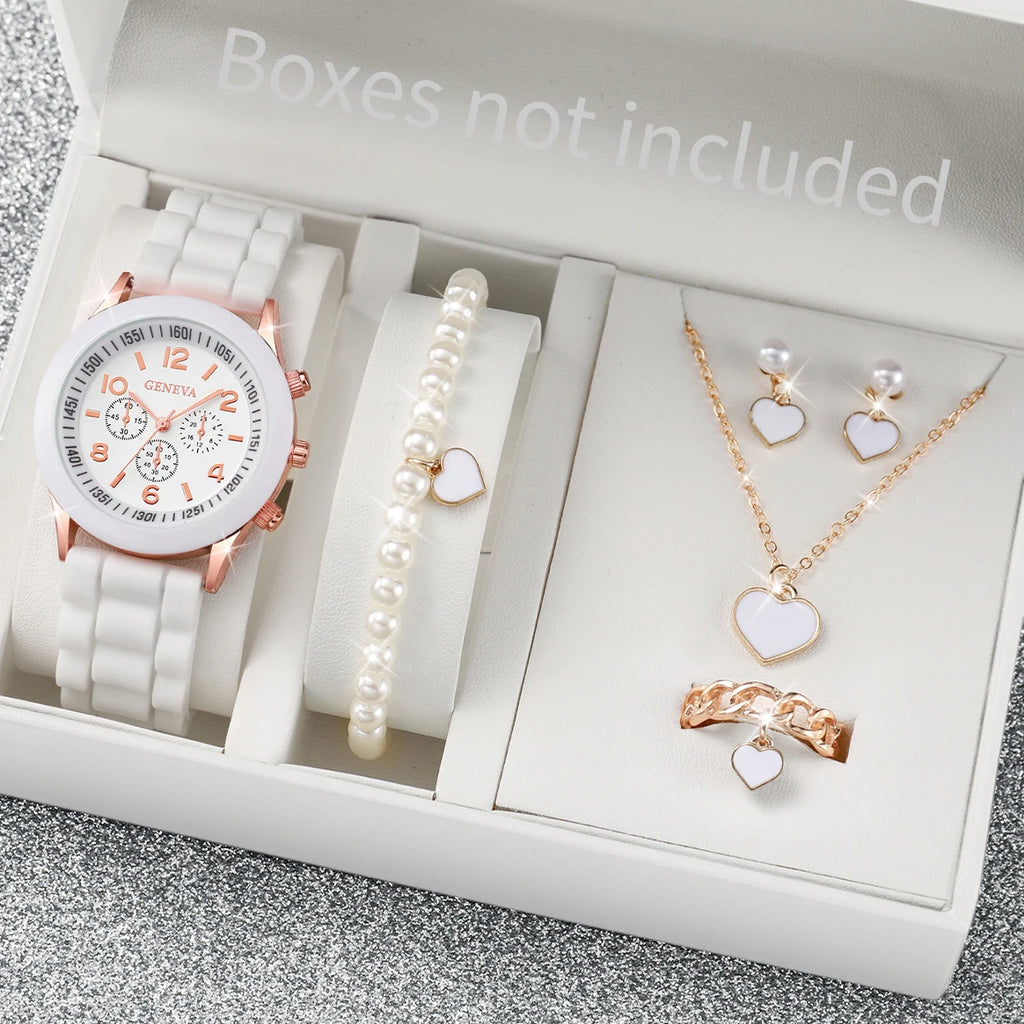 3/6PCS Women's Watches Casual Silicone Band Analog Quartz Watch Heart Pearls Jewelry Set(Without Box)
