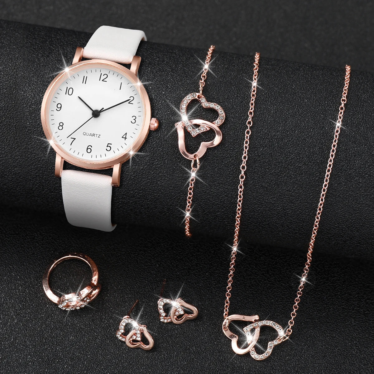 5/6PCS Fashion Women's Quartz Watch Leather Band Analog Quartz Watches with Diamond Jewelry (Without Box)