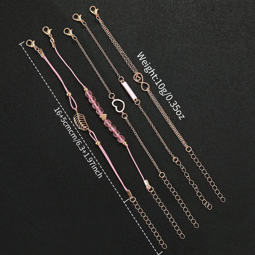 6pcs/set Women Fashion PU Leather Band Rose Dial Quartz Watch with Pink Bracelet Set (Box not included）