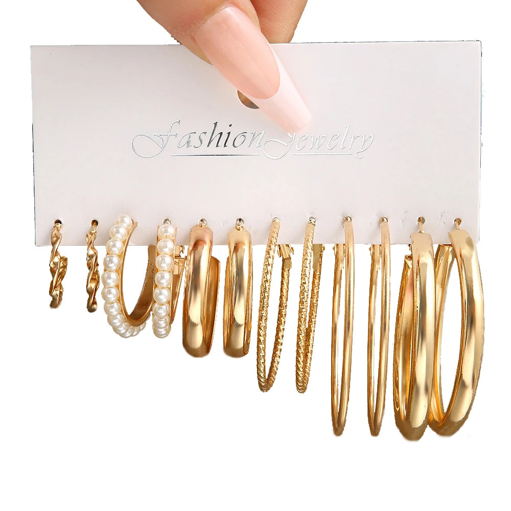 Boho Big Circle Hoop Earring Set for Women Gold Color Bohemia Vintage Pearl Square Earring Heart Zircon Ear Studs Jewelry