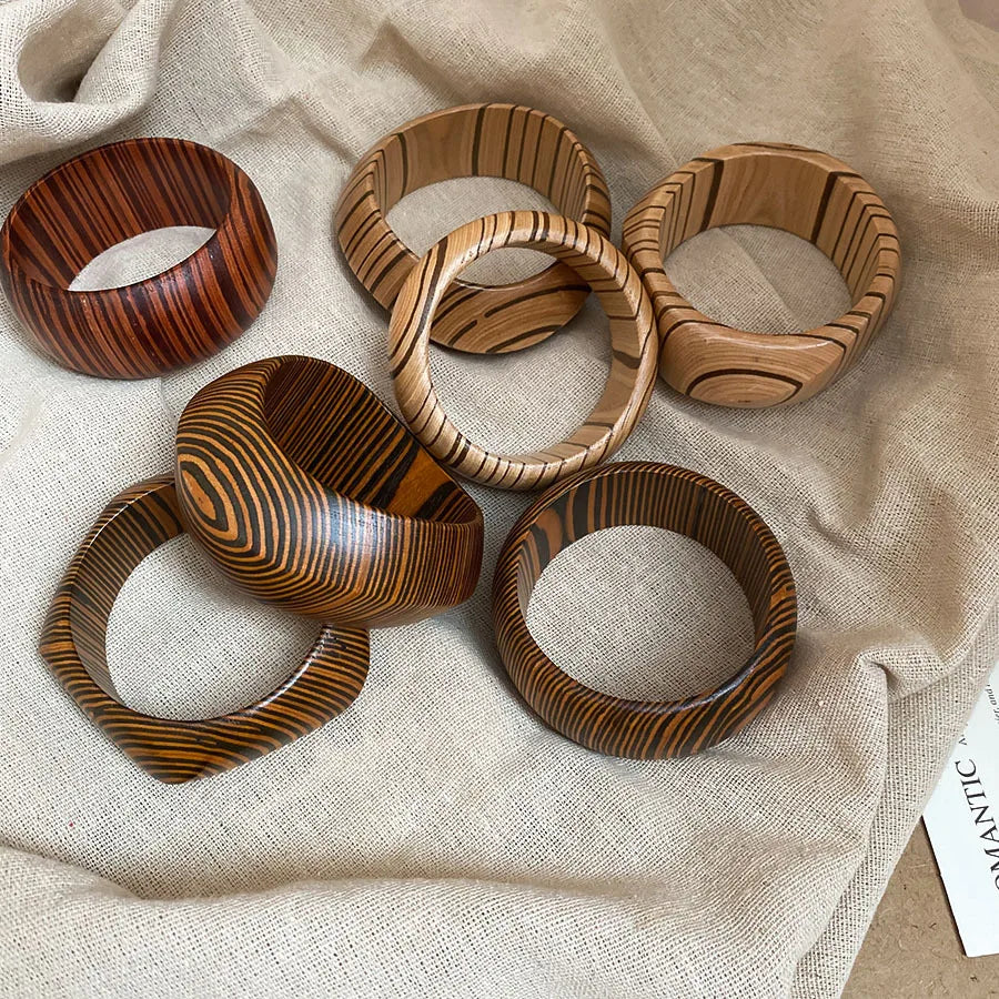 Natural Wooden 12 Styles Square Round Bracelet for Women Hip Hop Rivet Beads Wide Bangles Hand Jewelry Pulseras Mujer