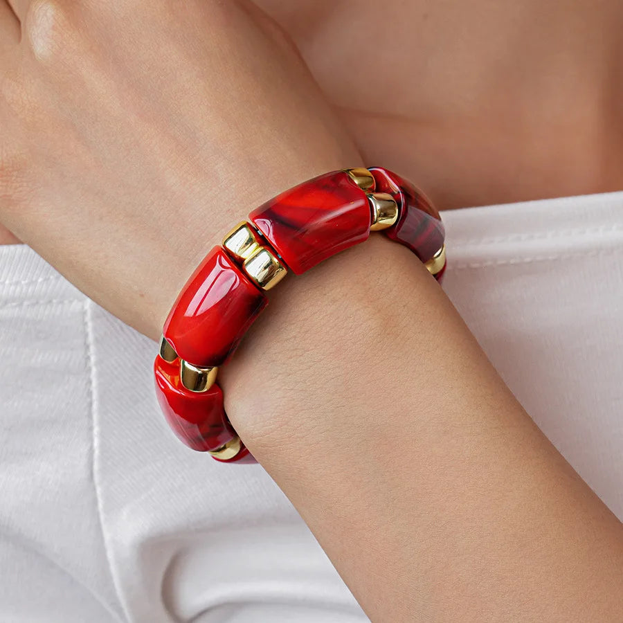 Red Resin Acrylic Elastic Bracelets Personality Geometric Fashion Irregular Wide Stacking Bracelets Hand Jewelry for Women