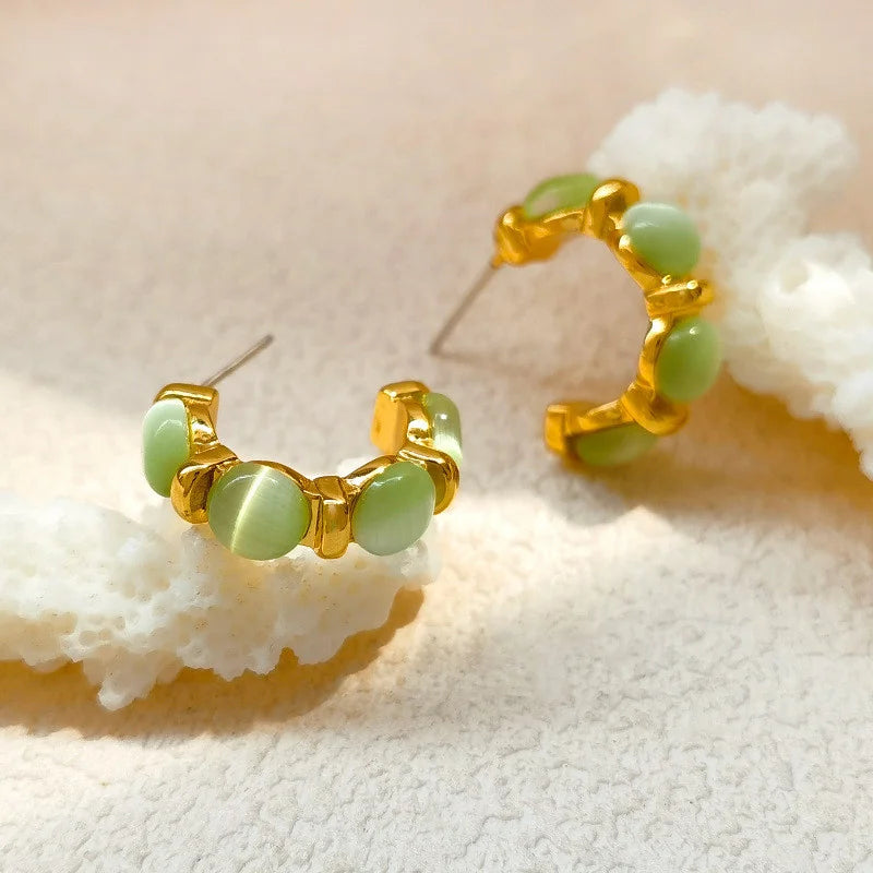 Vintage Gold Plated Green Opal C Shape Stud Earring for Woman Girls Trendy Party Jewelry Accessories