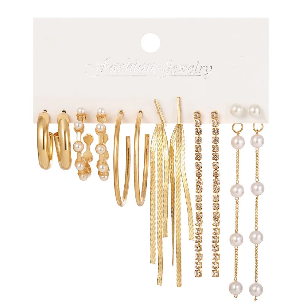 Boho Big Circle Hoop Earring Set for Women Gold Color Bohemia Vintage Pearl Square Earring Heart Zircon Ear Studs Jewelry