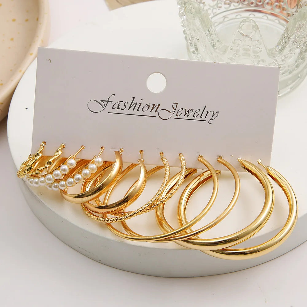 Boho Big Circle Hoop Earring Set for Women Gold Color Bohemia Vintage Pearl Square Earring Heart Zircon Ear Studs Jewelry