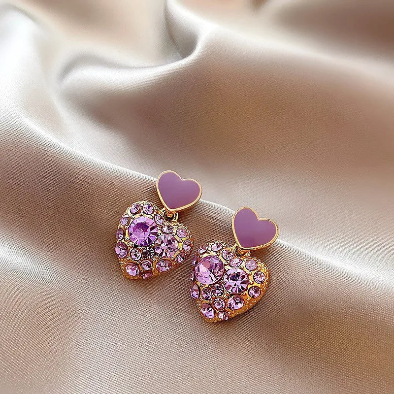 Silver Needle Fashion Purple Crystal Heart Drop Earrings For Women Jewelry 2025 Trending New Luxury Women's Earrings