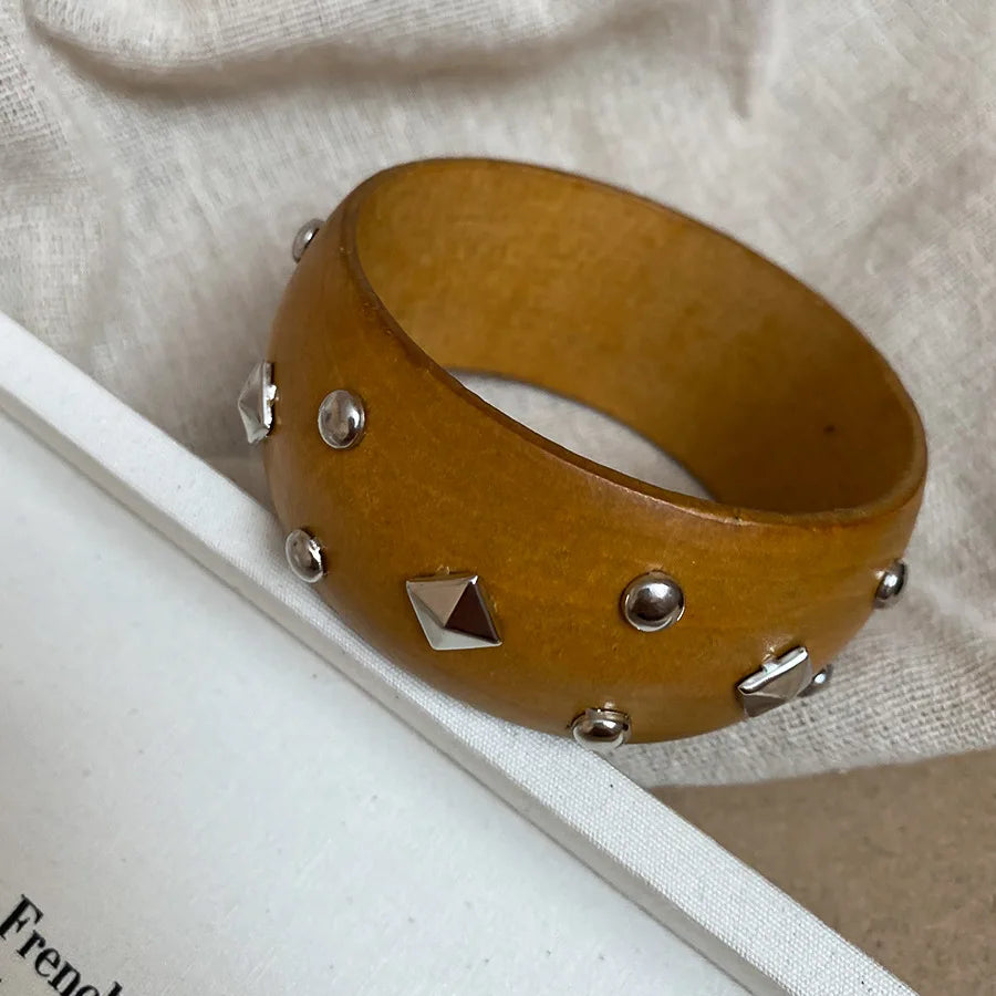Natural Wooden 12 Styles Square Round Bracelet for Women Hip Hop Rivet Beads Wide Bangles Hand Jewelry Pulseras Mujer