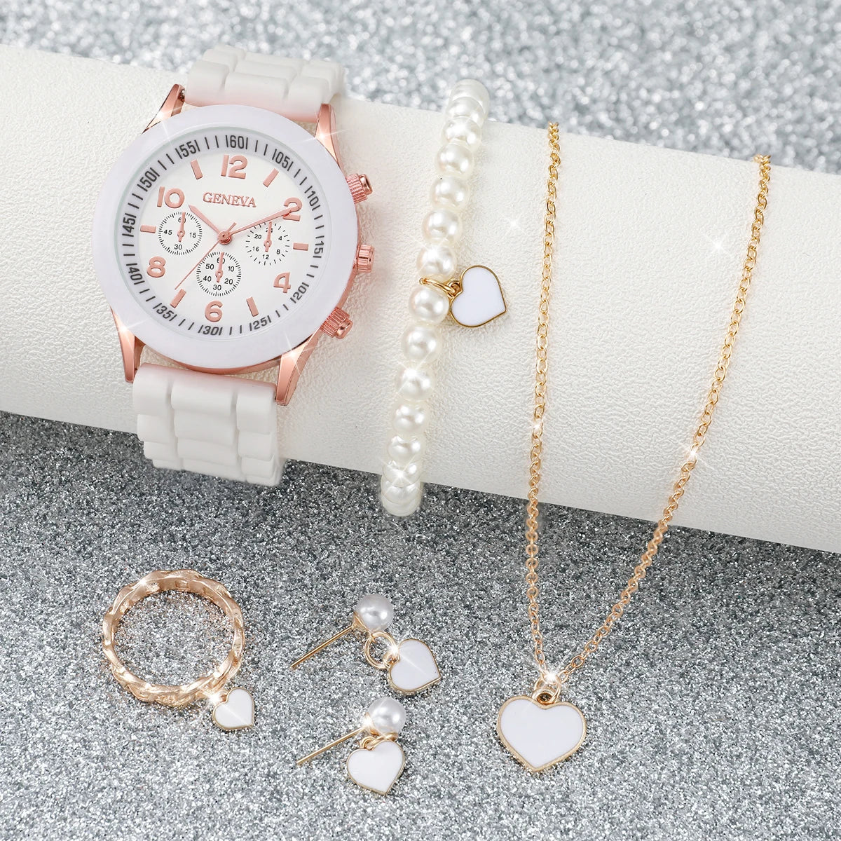 3/6PCS Women's Watches Casual Silicone Band Analog Quartz Watch Heart Pearls Jewelry Set(Without Box)