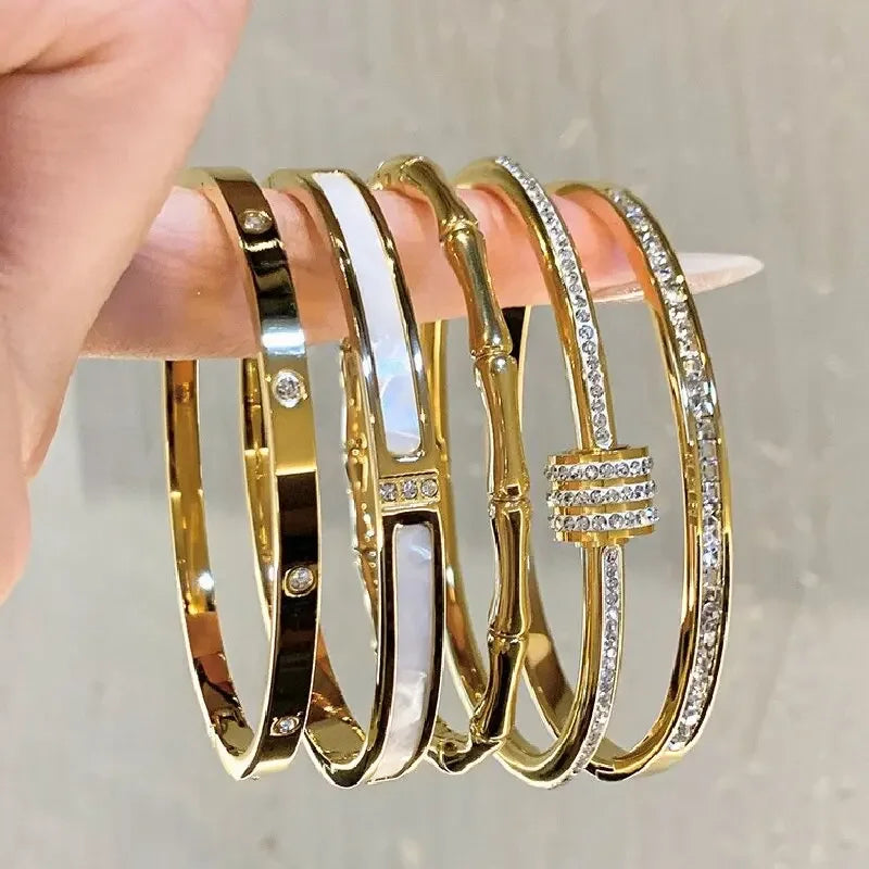 Titanium Steel Stainless Steel Bangles Inlaid Zircon Gold Plated Bracelet Classic Simple Style Bangles for Women Daily Jewelry