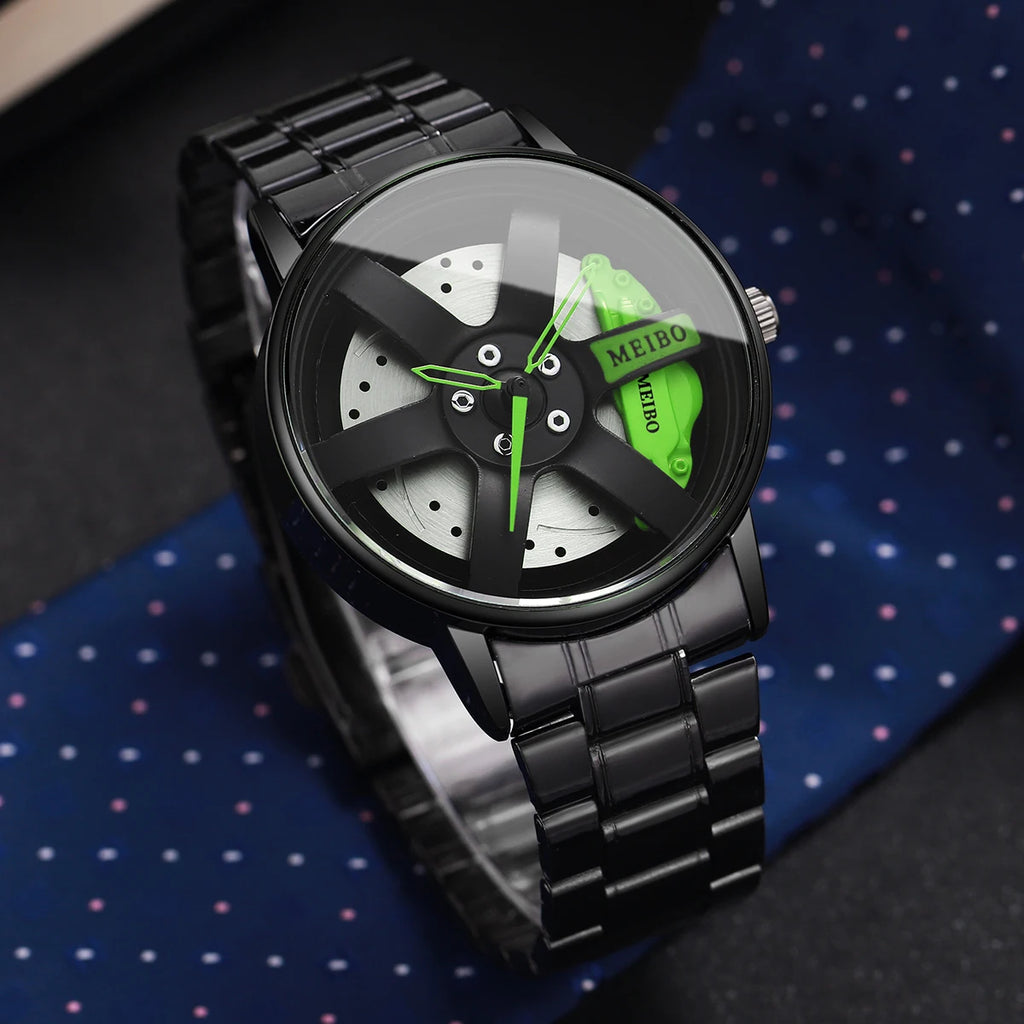 2PCS Fashion Men Sports Watches 3d Car Wheel Stainless Steel Band Wrist Watch Men's Quartz Watch Bracelet Set（Without Box）