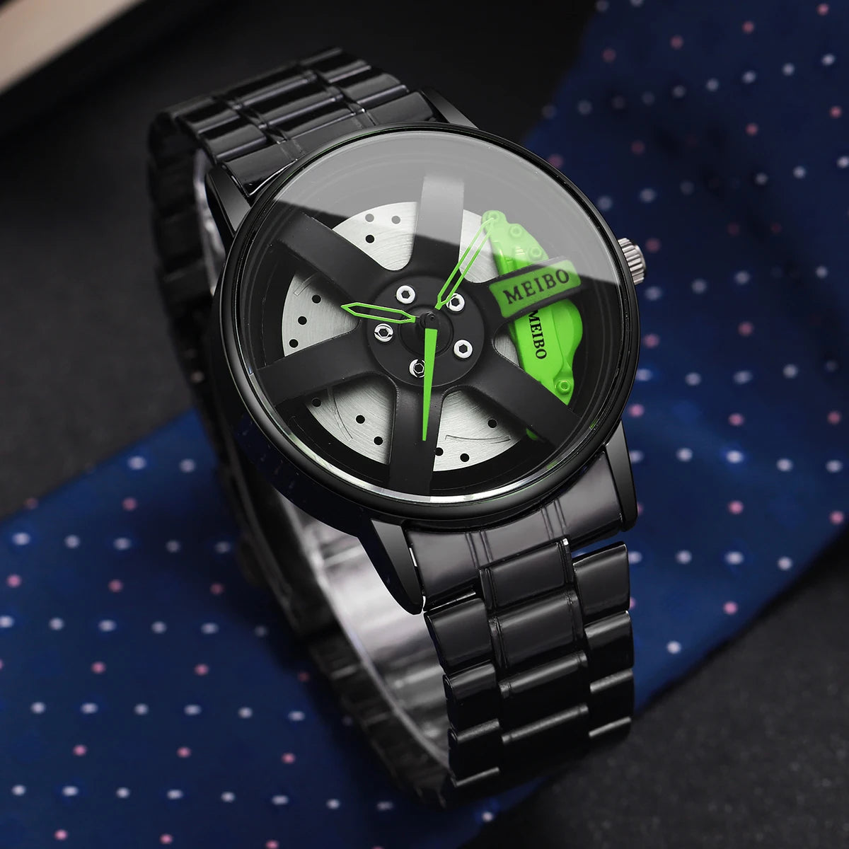 2PCS Fashion Men Sports Watches 3d Car Wheel Stainless Steel Band Wrist Watch Men's Quartz Watch Bracelet Set（Without Box）
