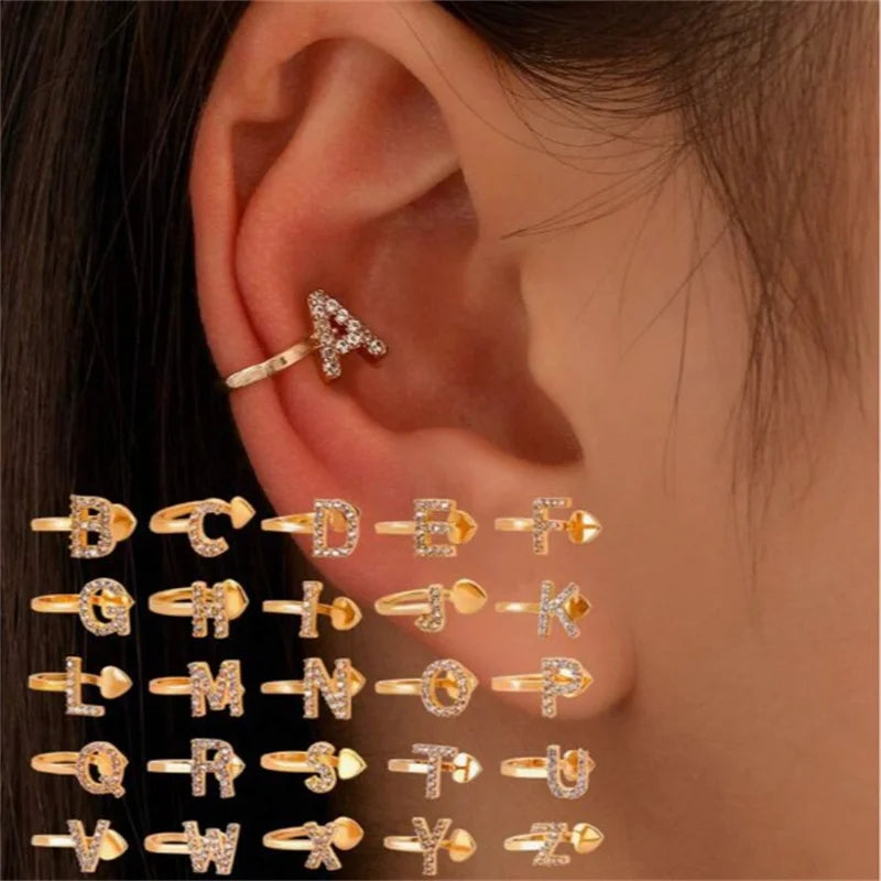 Zircon Initial A-Z Letter Clip Earrings For Women Adjustable Crystal Ear Stud Name Alphabet Female Wedding Jewelry Gift