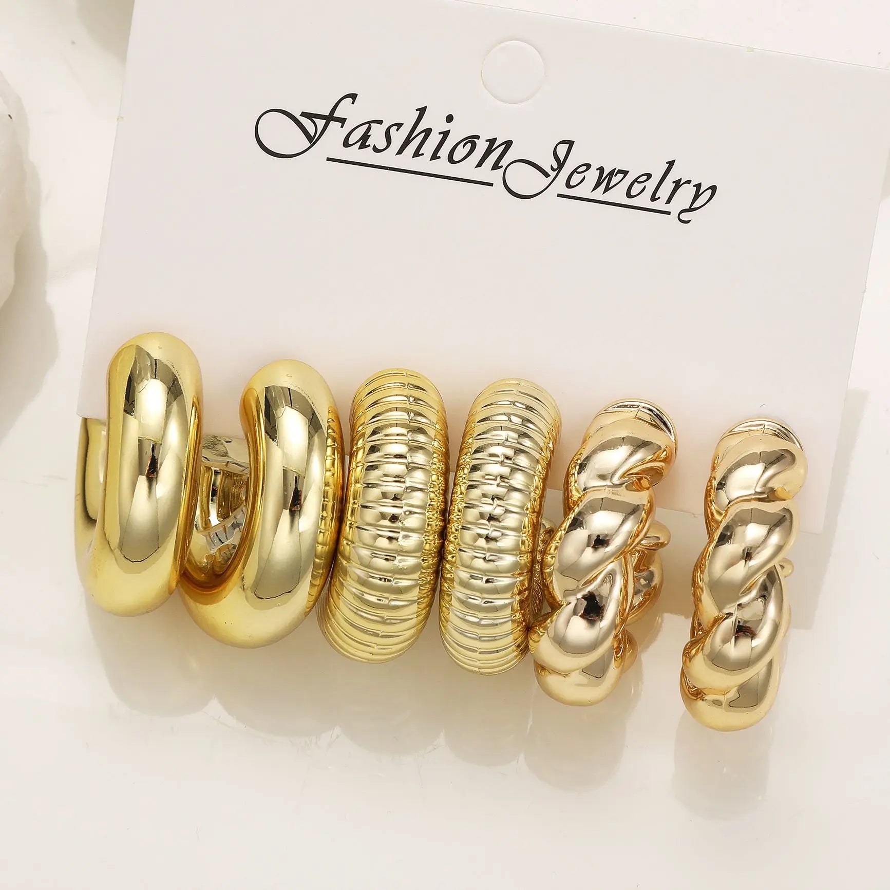 6Pcs Vintage Classic Geometry Glossy Ccb Gold Plated C Shape Hoop Earrings Set for Women Waterdrop Earing Fashion Jewelry