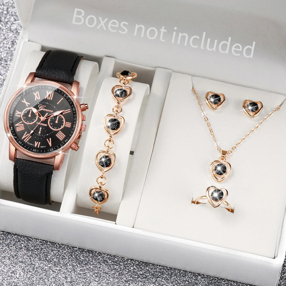 5/6PCS Fashion Women's Quartz Watch Leather Band Analog Wrist Watches Heart Rhinestone Jewelry Set (Without Box)