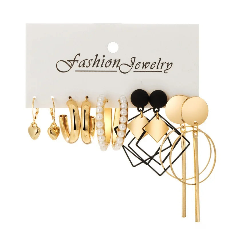 Boho Big Circle Hoop Earring Set for Women Gold Color Bohemia Vintage Pearl Square Earring Heart Zircon Ear Studs Jewelry