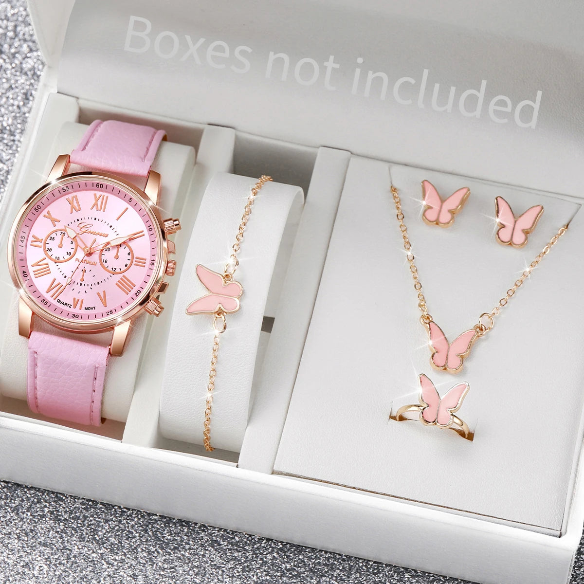 5/6PCS Fashion Women's Quartz Watch Leather Band Analog Wrist Watches Heart Rhinestone Jewelry Set (Without Box)