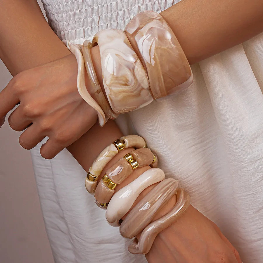 Pink Resin Acrylic Smudging Bangle for Women 2025 New Fashion Round Wide Stacked Bracelets Hand Jewelry Gifts Wholesale