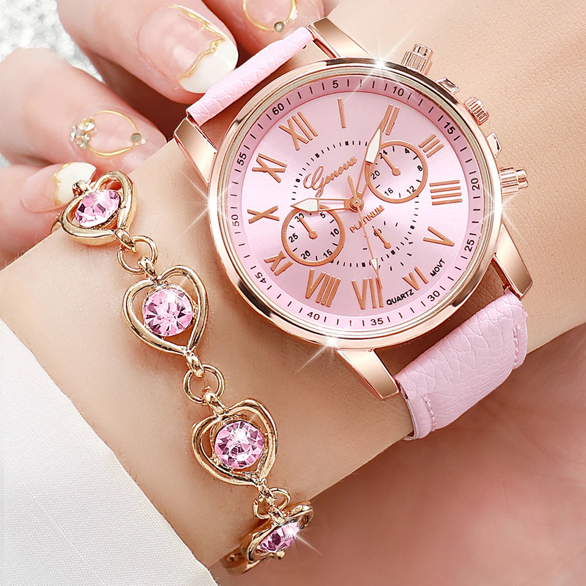 5/6PCS Fashion Women's Quartz Watch Leather Band Analog Wrist Watches Heart Rhinestone Jewelry Set (Without Box)