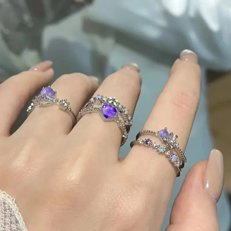 Fashion Jewelry Crystal Rings Heart Adjustable Ring Irregular Geometry Punk Vintage Rings Set for Women