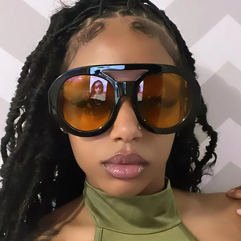 Vintage Oversized Sunglasses Women Luxury Brand Big Frame Sun Glasses Black Yellow Fashion Shades Double Bridges Round Glasses