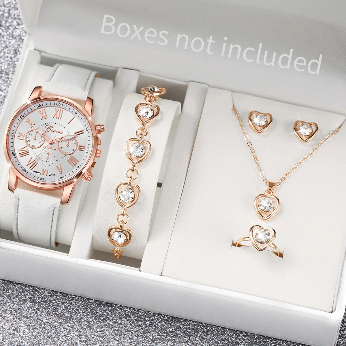 5/6PCS Fashion Women's Quartz Watch Leather Band Analog Wrist Watches Heart Rhinestone Jewelry Set (Without Box)